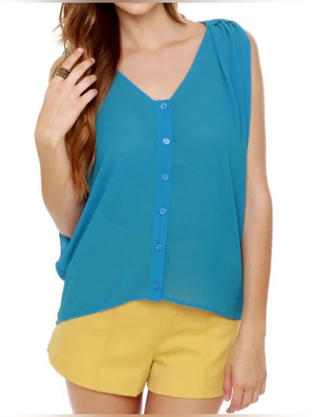 NWT LuLu’s Bright Blue Sleeveless Button-Front Drapey Sheer Blouse (S)